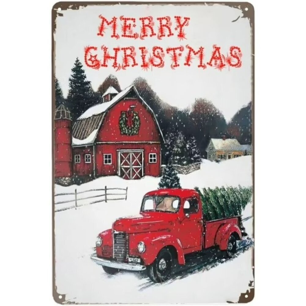 Merry Christmas Red Truck Retro Vintage Tin Sign – 8x12 Rustic Holiday Wall Deco